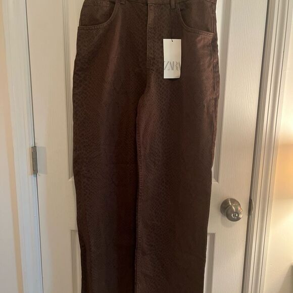 Zara Brown Animal Print Wide-Leg Jeans NWT!! - Picture 7 of 8